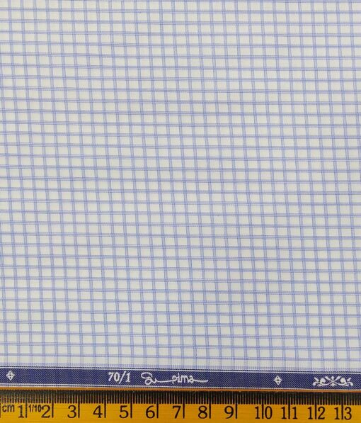 Soktas White 100% Supima Cotton Super 70's Light Blue Checks Shirt Fabric (1.60 M)