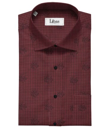 Soktas Maroon Red 100% Egyptian Giza Cotton 2 Ply Black Checks & Floral Dobby Shirting Fabric