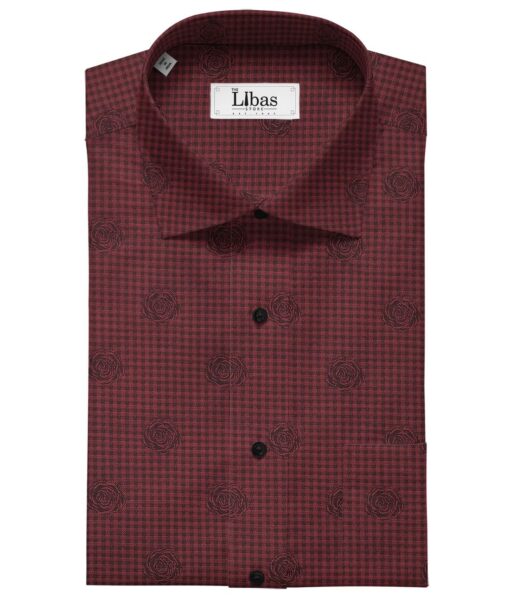 Soktas Maroon Red 100% Egyptian Giza Cotton 2 Ply Black Checks & Floral Dobby Shirting Fabric