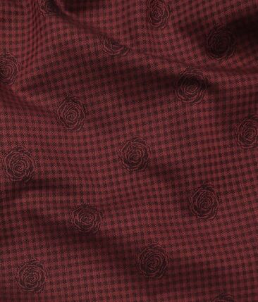 Soktas Maroon Red 100% Egyptian Giza Cotton 2 Ply Black Checks & Floral Dobby Shirting Fabric