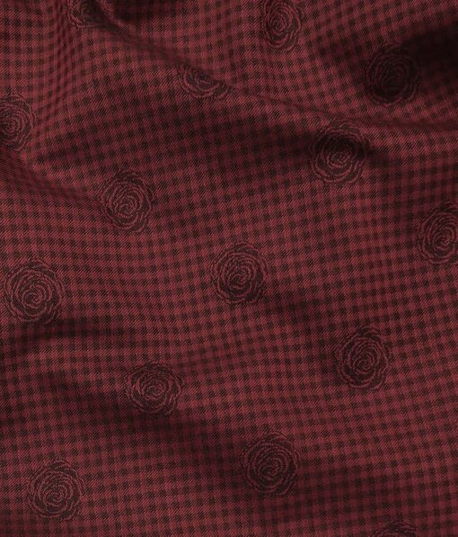 Soktas Maroon Red 100% Egyptian Giza Cotton 2 Ply Black Checks & Floral Dobby Shirting Fabric