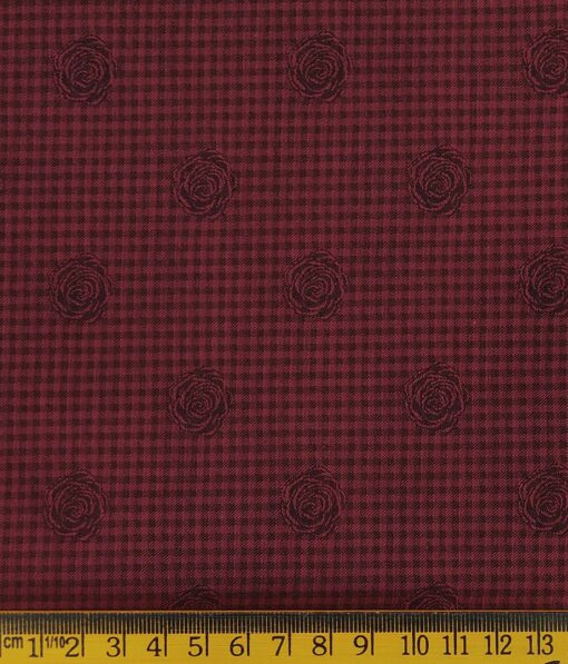 Soktas Maroon Red 100% Egyptian Giza Cotton 2 Ply Black Checks & Floral Dobby Shirting Fabric