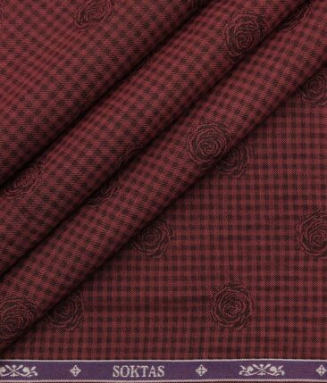 Soktas Maroon Red 100% Egyptian Giza Cotton 2 Ply Black Checks & Floral Dobby Shirting Fabric