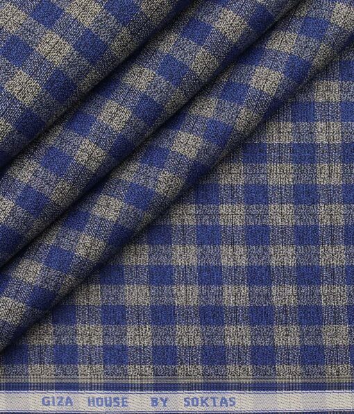Soktas Blue & Light Grey 100% Giza Cotton Checks Shirt Fabric (1.60 M)