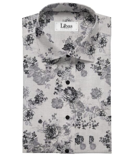 Solino Light Grey 100% Premium Cotton Black Floral Printed Shirt Fabric (1.60 M)