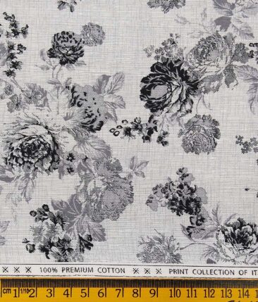 Solino Light Grey 100% Premium Cotton Black Floral Printed Shirt Fabric (1.60 M)
