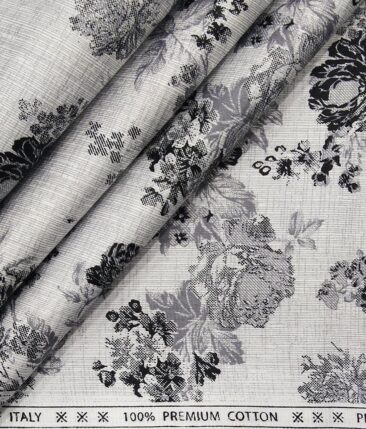 Solino Light Grey 100% Premium Cotton Black Floral Printed Shirt Fabric (1.60 M)