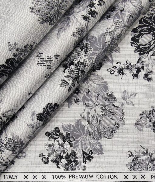 Solino Light Grey 100% Premium Cotton Black Floral Printed Shirt Fabric (1.60 M)