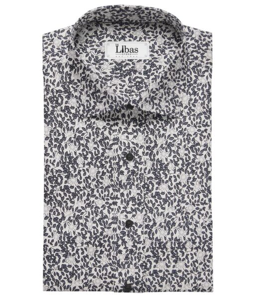 Solino White 100% Premium Cotton Dark Grey Floral Printed Shirt Fabric (1.60 M)