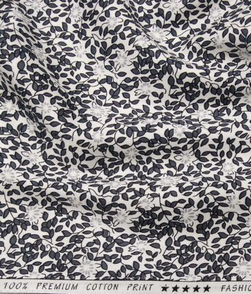 Solino White 100% Premium Cotton Dark Grey Floral Printed Shirt Fabric (1.60 M)