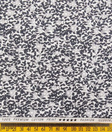 Solino White 100% Premium Cotton Dark Grey Floral Printed Shirt Fabric (1.60 M)