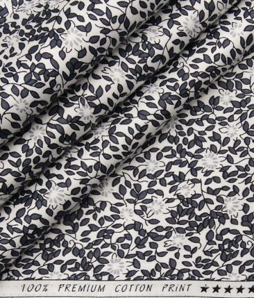 Solino White 100% Premium Cotton Dark Grey Floral Printed Shirt Fabric (1.60 M)