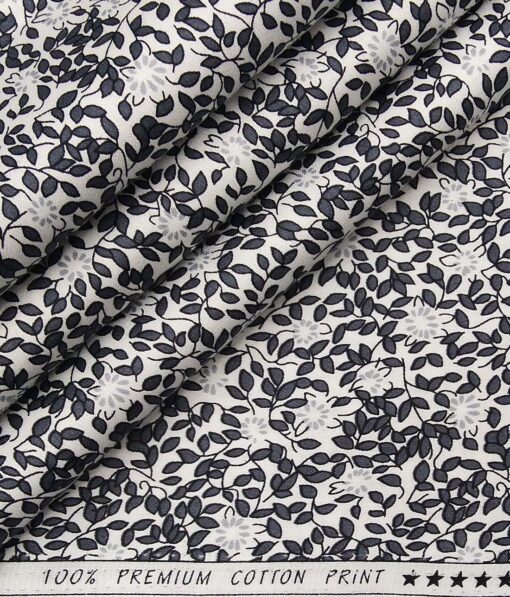Solino White 100% Premium Cotton Dark Grey Floral Printed Shirt Fabric (1.60 M)