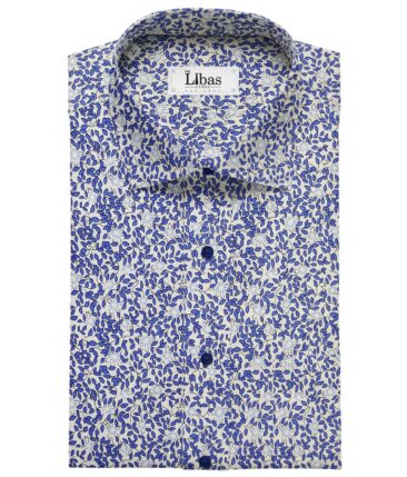 Solino White 100% Premium Cotton Royal Blue Floral Printed Shirt Fabric (1.60 M)