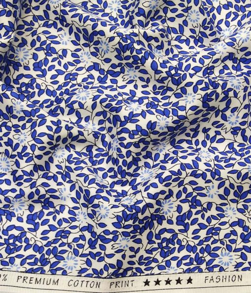 Solino White 100% Premium Cotton Royal Blue Floral Printed Shirt Fabric (1.60 M)