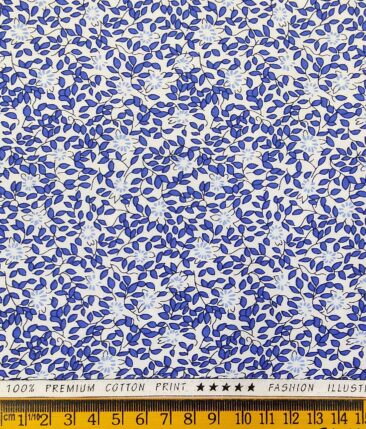 Solino White 100% Premium Cotton Royal Blue Floral Printed Shirt Fabric (1.60 M)