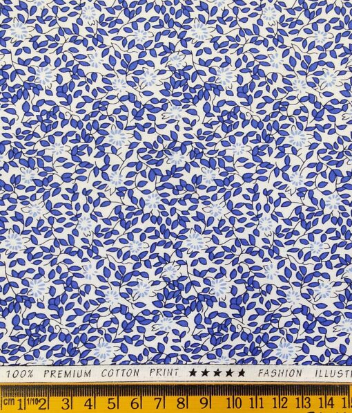 Solino White 100% Premium Cotton Royal Blue Floral Printed Shirt Fabric (1.60 M)