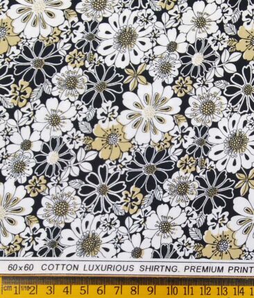 Solino Black 100% Premium Cotton Floral Printed Shirt Fabric (1.60 M)