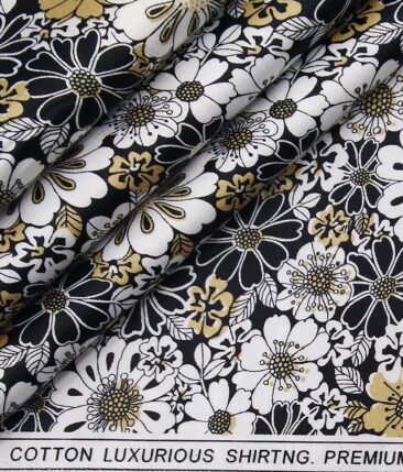 Solino Black 100% Premium Cotton Floral Printed Shirt Fabric (1.60 M)