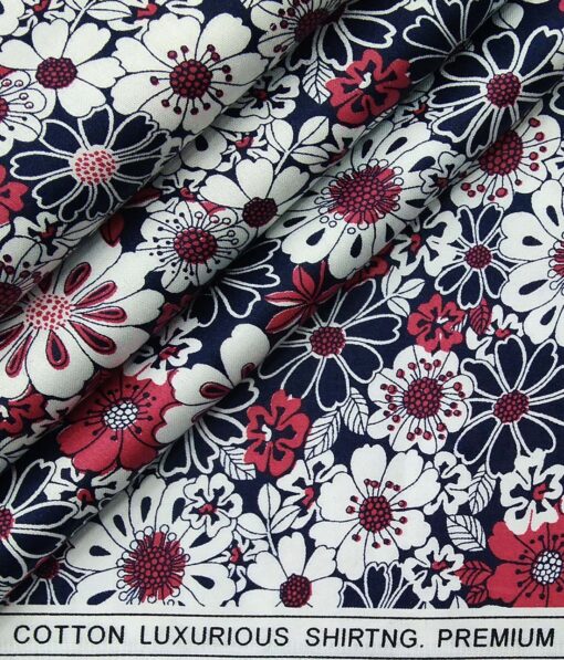 Solino Blue 100% Premium Cotton Floral Printed Shirt Fabric (1.60 M)
