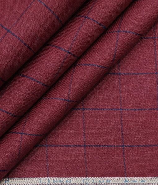 Linen Club Men's Genuine European Linen Dark Beet Red Broad Checks Unstitched Blazer Fabric (2 Meter)