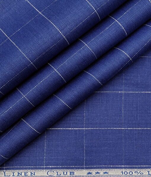 Linen Club Men's Genuine European Linen Royal Blue Broad Checks Unstitched Blazer Fabric (2 Meter)