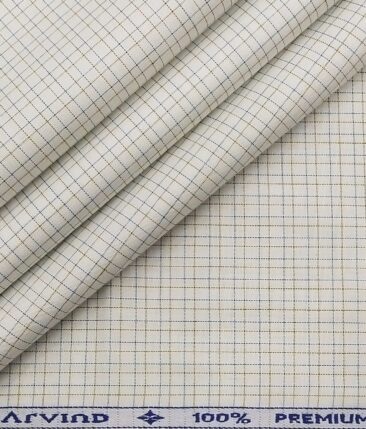 Arvind Men's White 100% Premium Cotton Brown & Sea Green Checks Shirt Fabric (1.60 M)