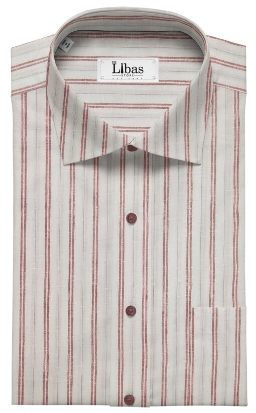 Burgoyne Men's White 100% Irish Linen Red & Blue Striped Unstitched Shirt Fabric (1.60 Meter)