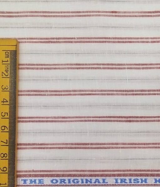 Burgoyne Men's White 100% Irish Linen Red & Blue Striped Unstitched Shirt Fabric (1.60 Meter)