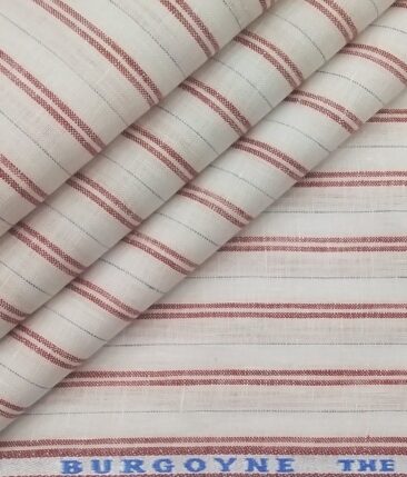 Burgoyne Men's White 100% Irish Linen Red & Blue Striped Unstitched Shirt Fabric (1.60 Meter)