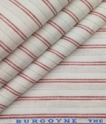 Burgoyne Men's White 100% Irish Linen Red & Blue Striped Unstitched Shirt Fabric (1.60 Meter)