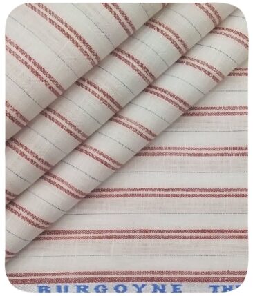 Burgoyne Men's White 100% Irish Linen Red & Blue Striped Unstitched Shirt Fabric (1.60 Meter)