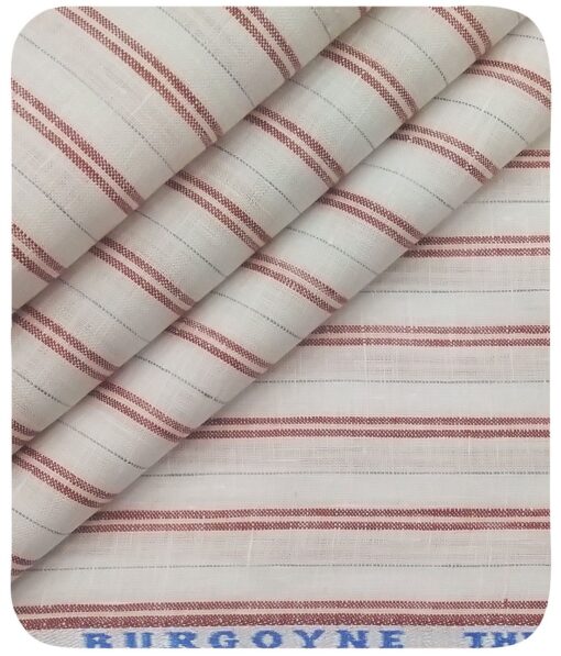 Burgoyne Men's White 100% Irish Linen Red & Blue Striped Unstitched Shirt Fabric (1.60 Meter)