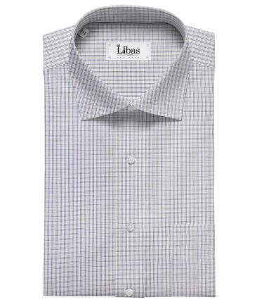 Cadini Italy Men's White 100% Giza Cotton Blue Checks Shirt Fabric (1.60 M)