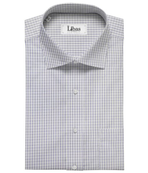 Cadini Italy Men's White 100% Giza Cotton Blue Checks Shirt Fabric (1.60 M)