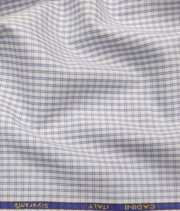 Cadini Italy Men's White 100% Giza Cotton Blue Checks Shirt Fabric (1.60 M)