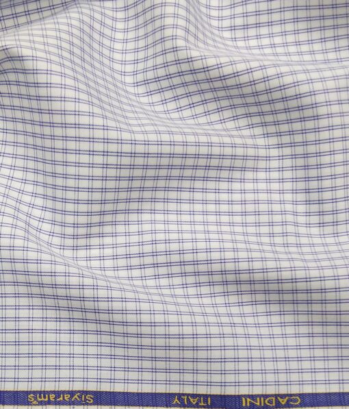 Cadini Italy Men's White 100% Giza Cotton Blue Checks Shirt Fabric (1.60 M)