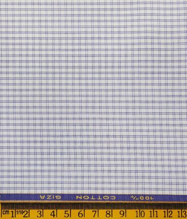 Cadini Italy Men's White 100% Giza Cotton Blue Checks Shirt Fabric (1.60 M)