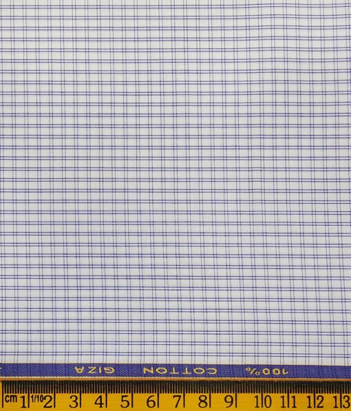 Cadini Italy Men's White 100% Giza Cotton Blue Checks Shirt Fabric (1.60 M)