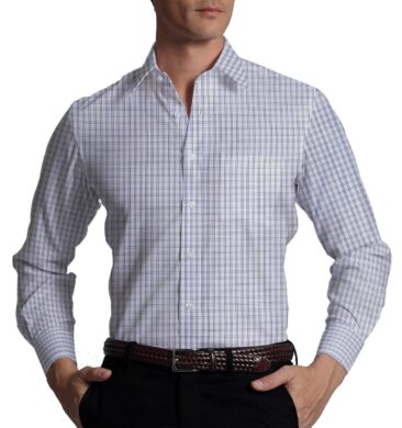 Cadini Italy Men's White 100% Giza Cotton Blue Checks Shirt Fabric (1.60 M)