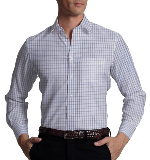Cadini Italy Men's White 100% Giza Cotton Blue Checks Shirt Fabric (1.60 M)