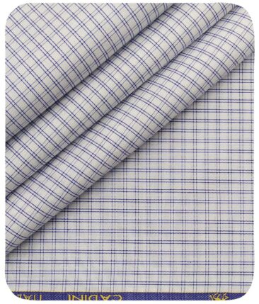 Cadini Italy Men's White 100% Giza Cotton Blue Checks Shirt Fabric (1.60 M)