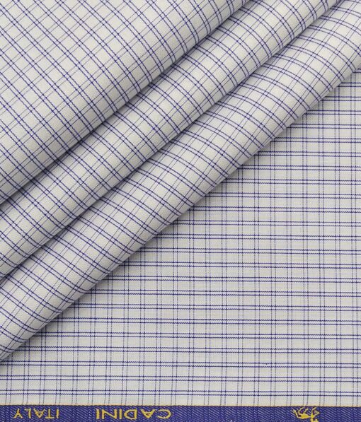 Cadini Italy Men's White 100% Giza Cotton Blue Checks Shirt Fabric (1.60 M)