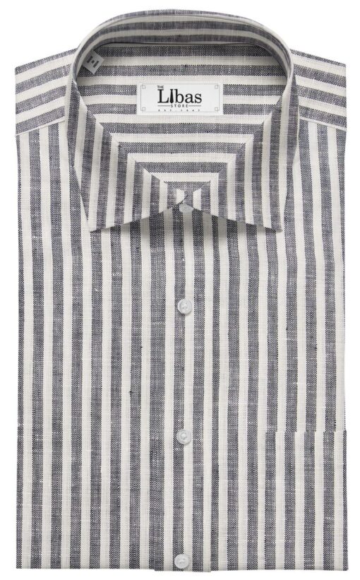 J.Hampstead Italy Men's White & Grey 100% European Linen 60 LEA Striped Shirt Fabric (1.60 Meter)