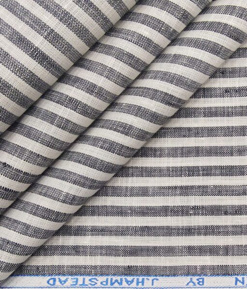 J.Hampstead Italy Men's White & Grey 100% European Linen 60 LEA Striped Shirt Fabric (1.60 Meter)