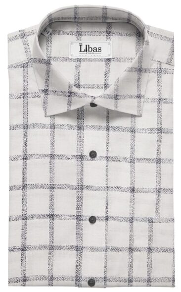 J.Hampstead Italy Men's White & Navy Blue 100% European Linen 60 LEA Broad Checks Shirt Fabric (1.60 Meter)