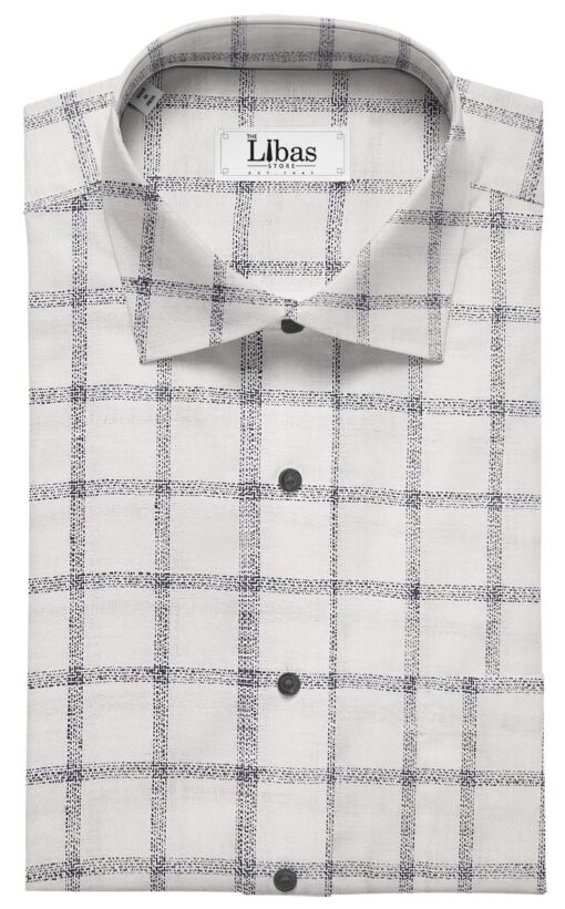 J.Hampstead Italy Men's White & Navy Blue 100% European Linen 60 LEA Broad Checks Shirt Fabric (1.60 Meter)