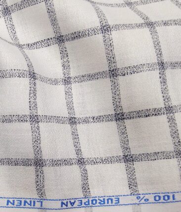 J.Hampstead Italy Men's White & Navy Blue 100% European Linen 60 LEA Broad Checks Shirt Fabric (1.60 Meter)
