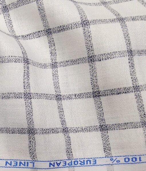 J.Hampstead Italy Men's White & Navy Blue 100% European Linen 60 LEA Broad Checks Shirt Fabric (1.60 Meter)