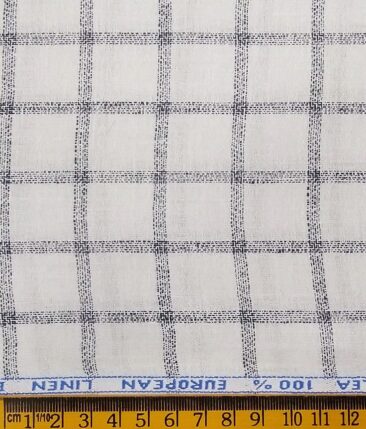 J.Hampstead Italy Men's White & Navy Blue 100% European Linen 60 LEA Broad Checks Shirt Fabric (1.60 Meter)
